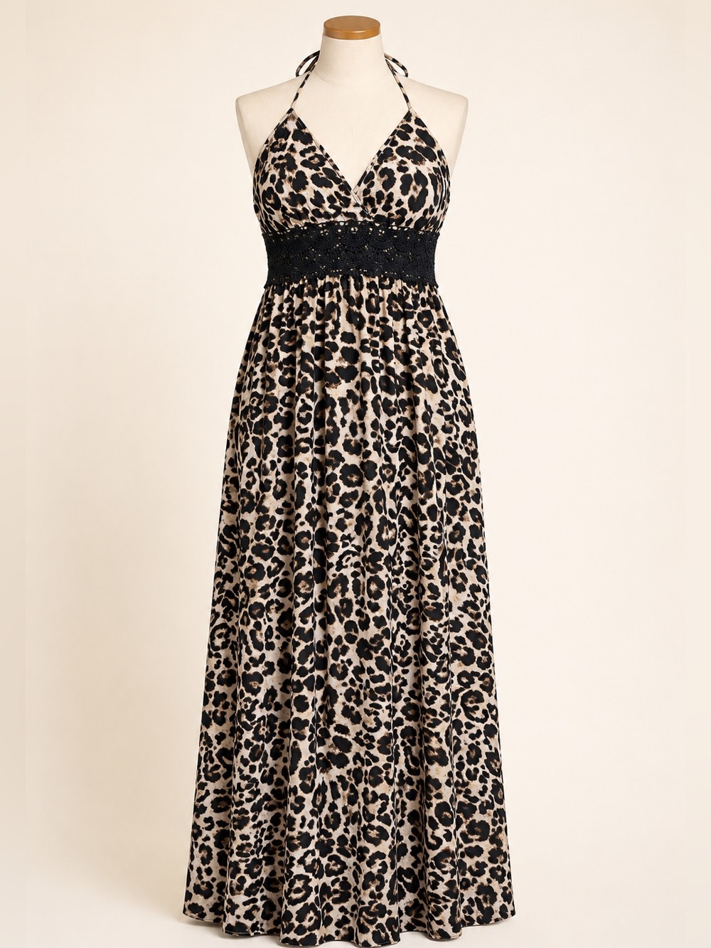 Leopard Print Halter Maxi Dress Black Crochet Open Back Size Large